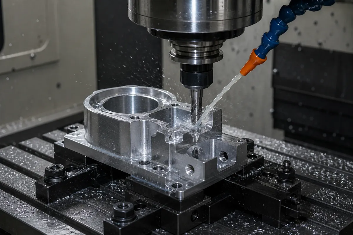 CNC milling process for industrial component with fixture setup and cutting operation