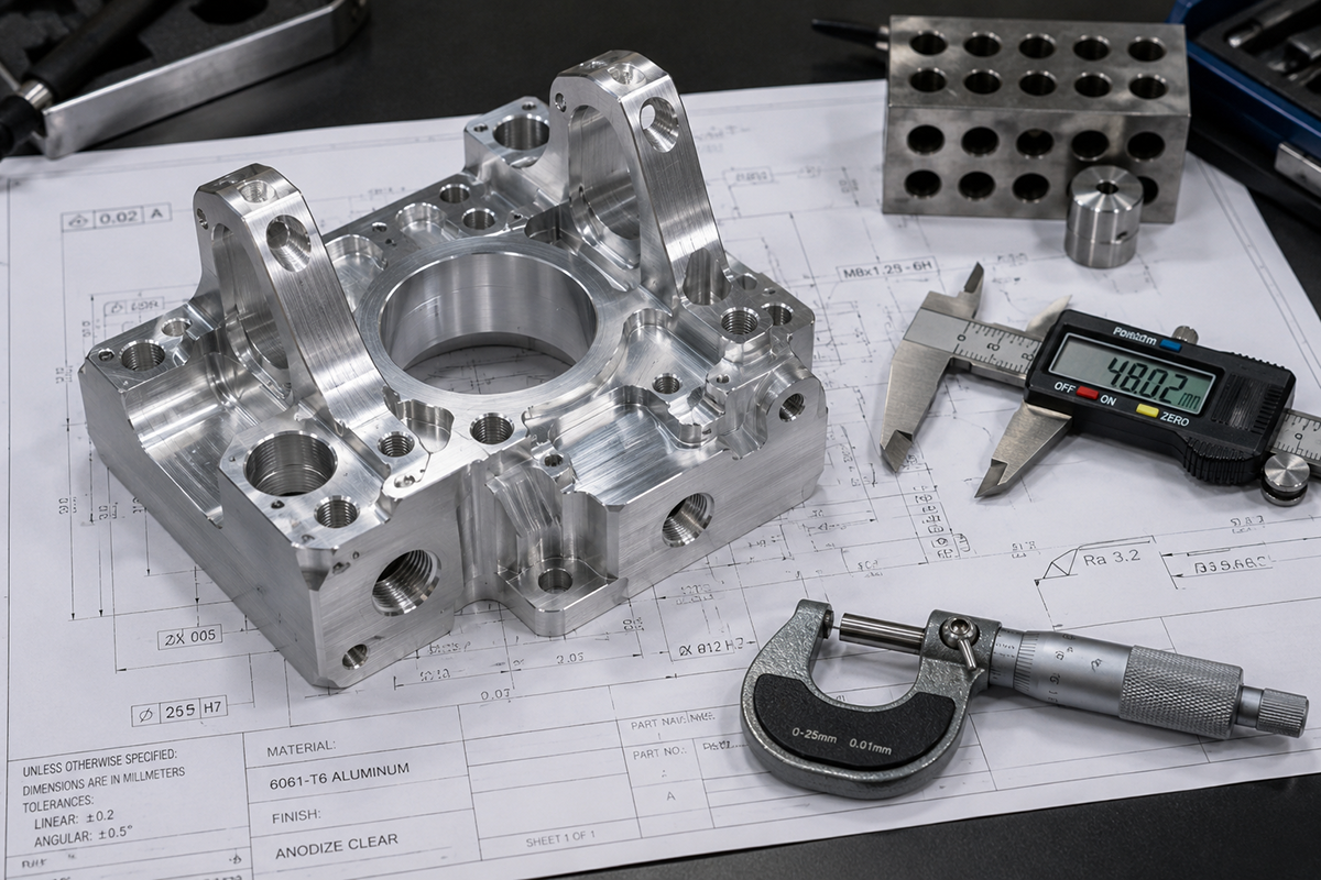 CNC machined part tolerance inspection with engineering drawing