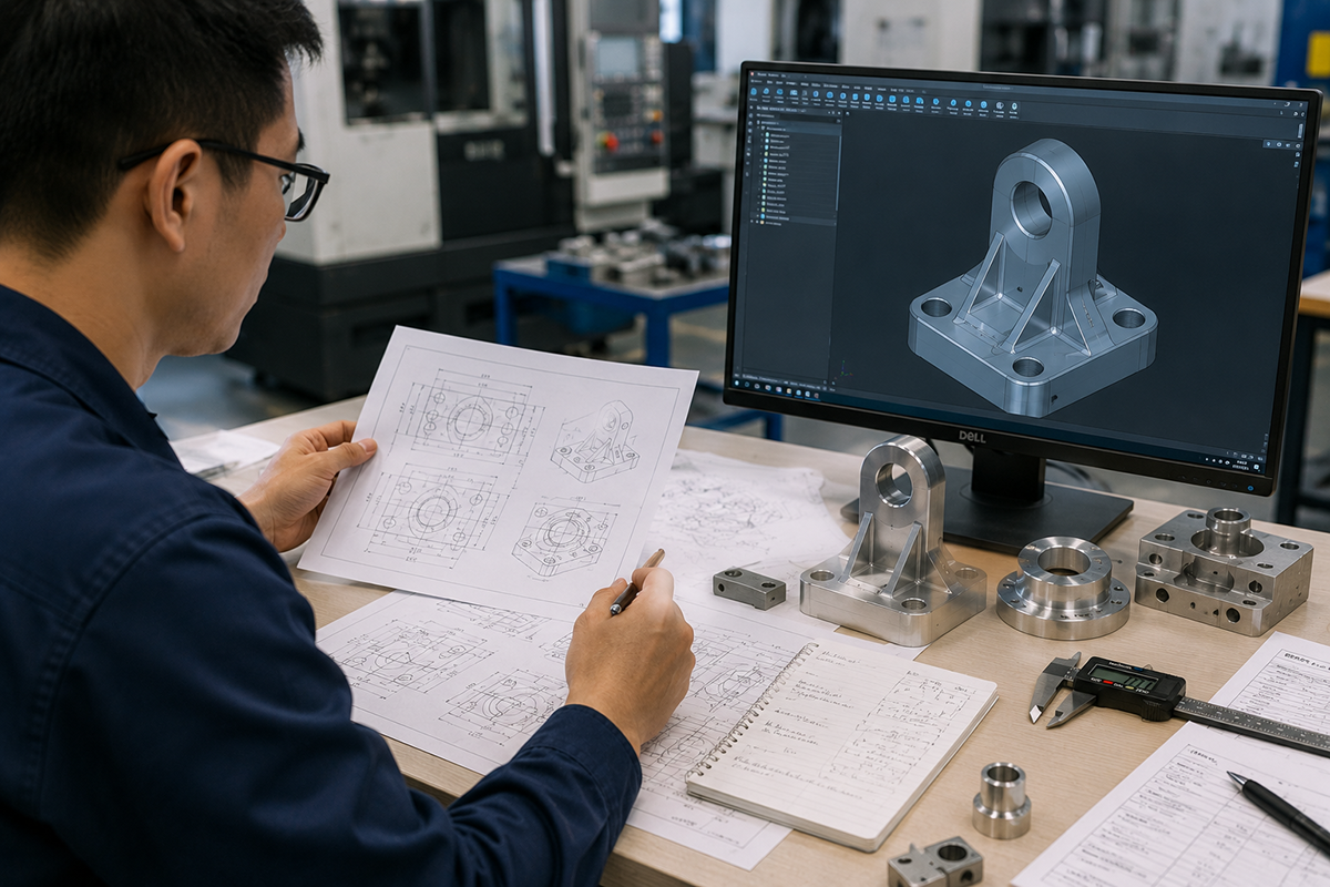Engineer reviewing CNC prototype and production drawings
