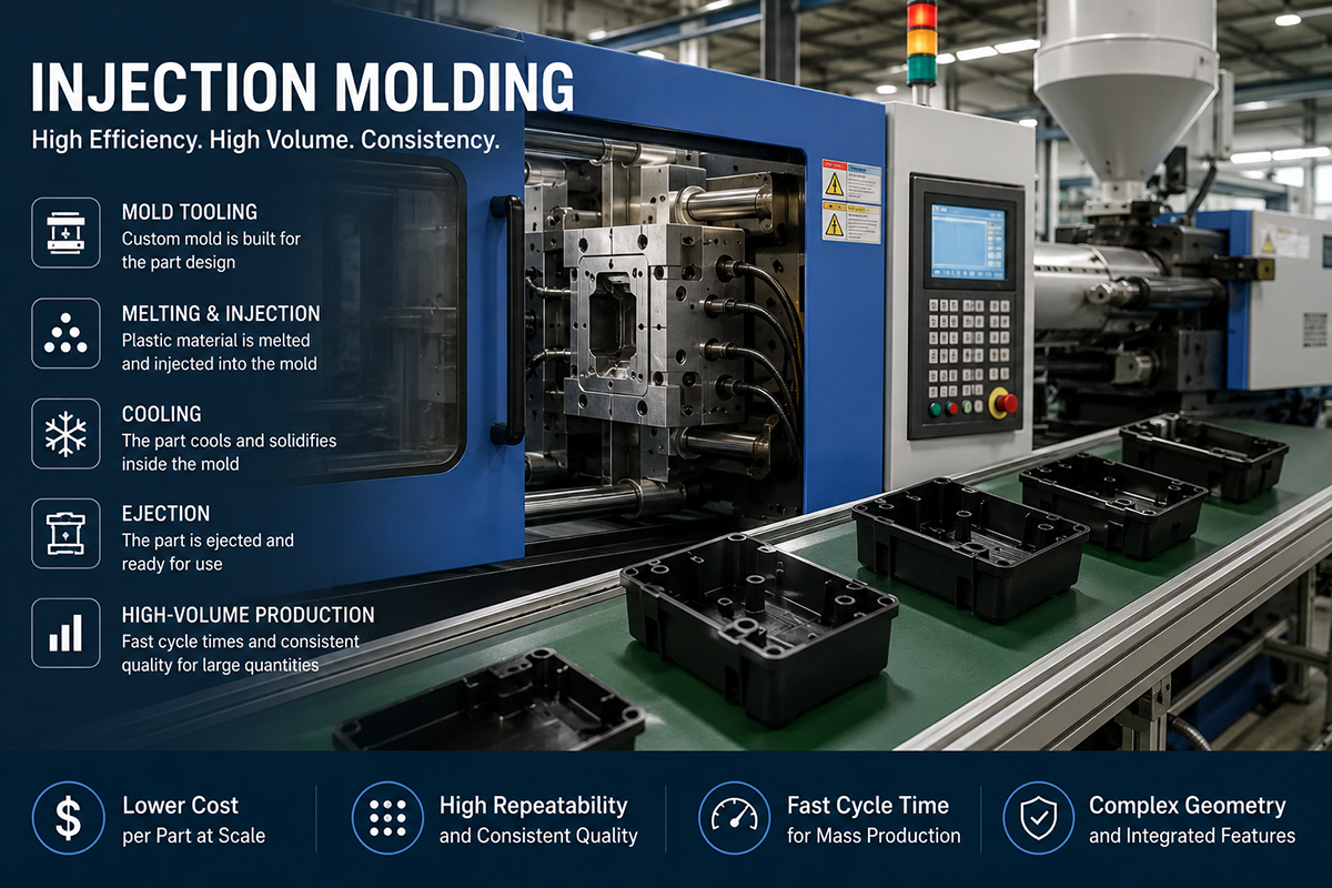 Injection molding production for high-volume plastic parts