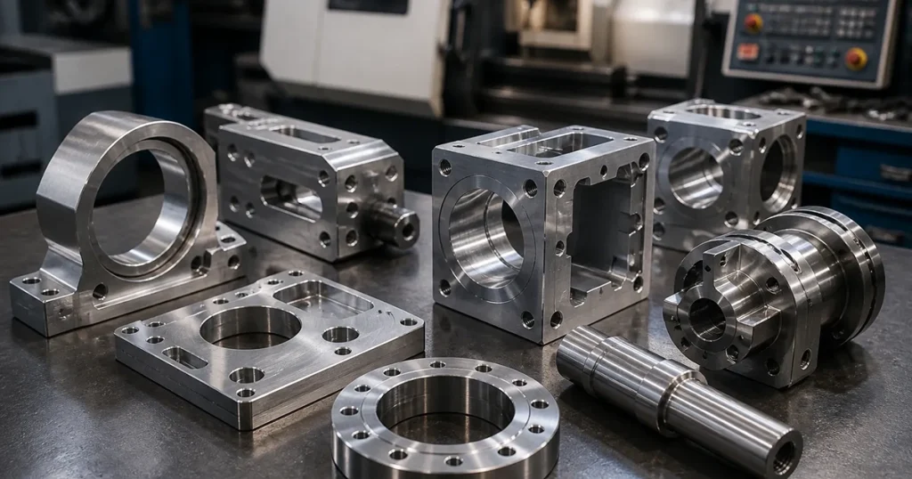CNC machining for industrial equipment with precision metal components on workshop table