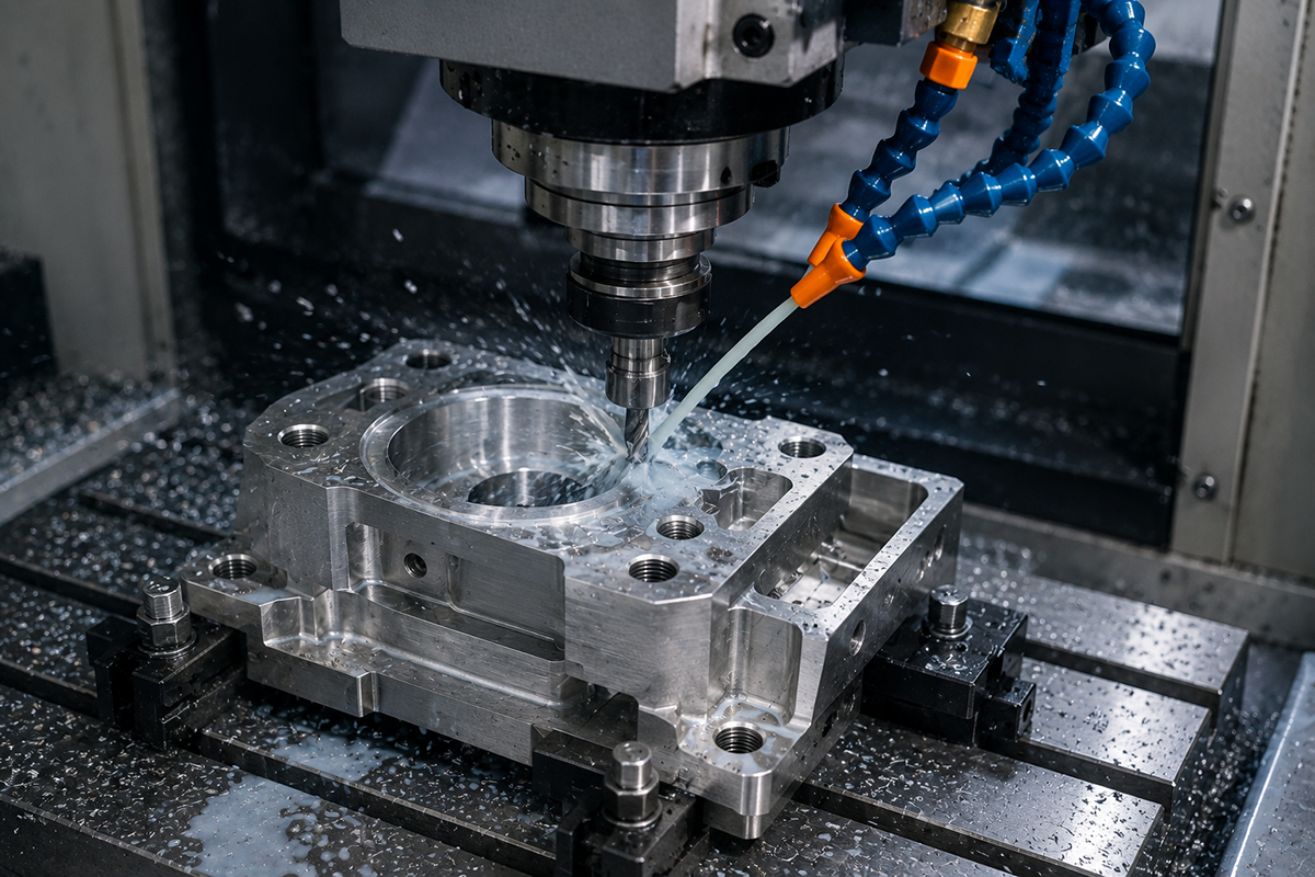 CNC machine cutting industrial machinery component