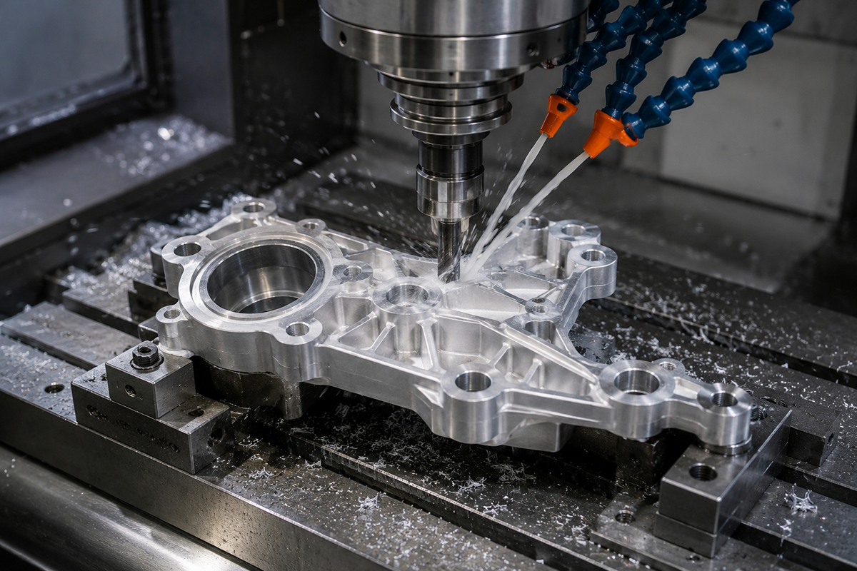 CNC machine cutting automotive aluminum component