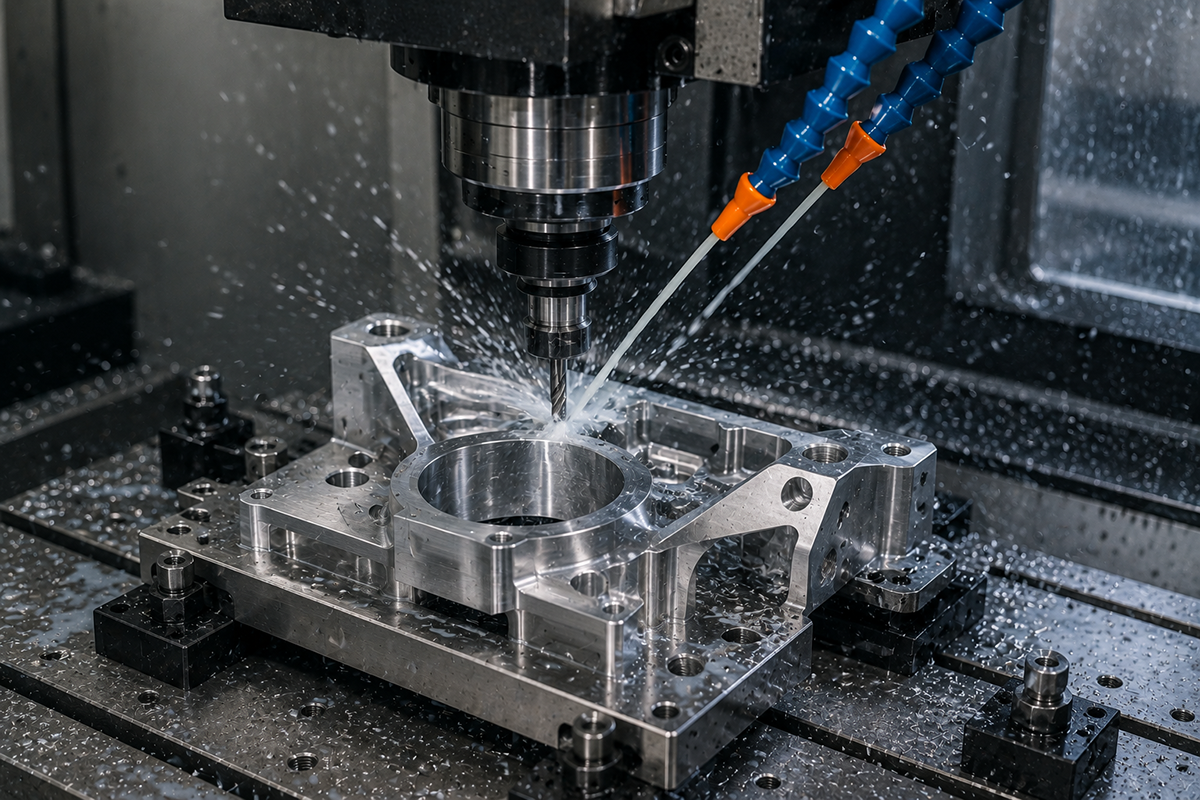 CNC machine cutting aluminum robotics component