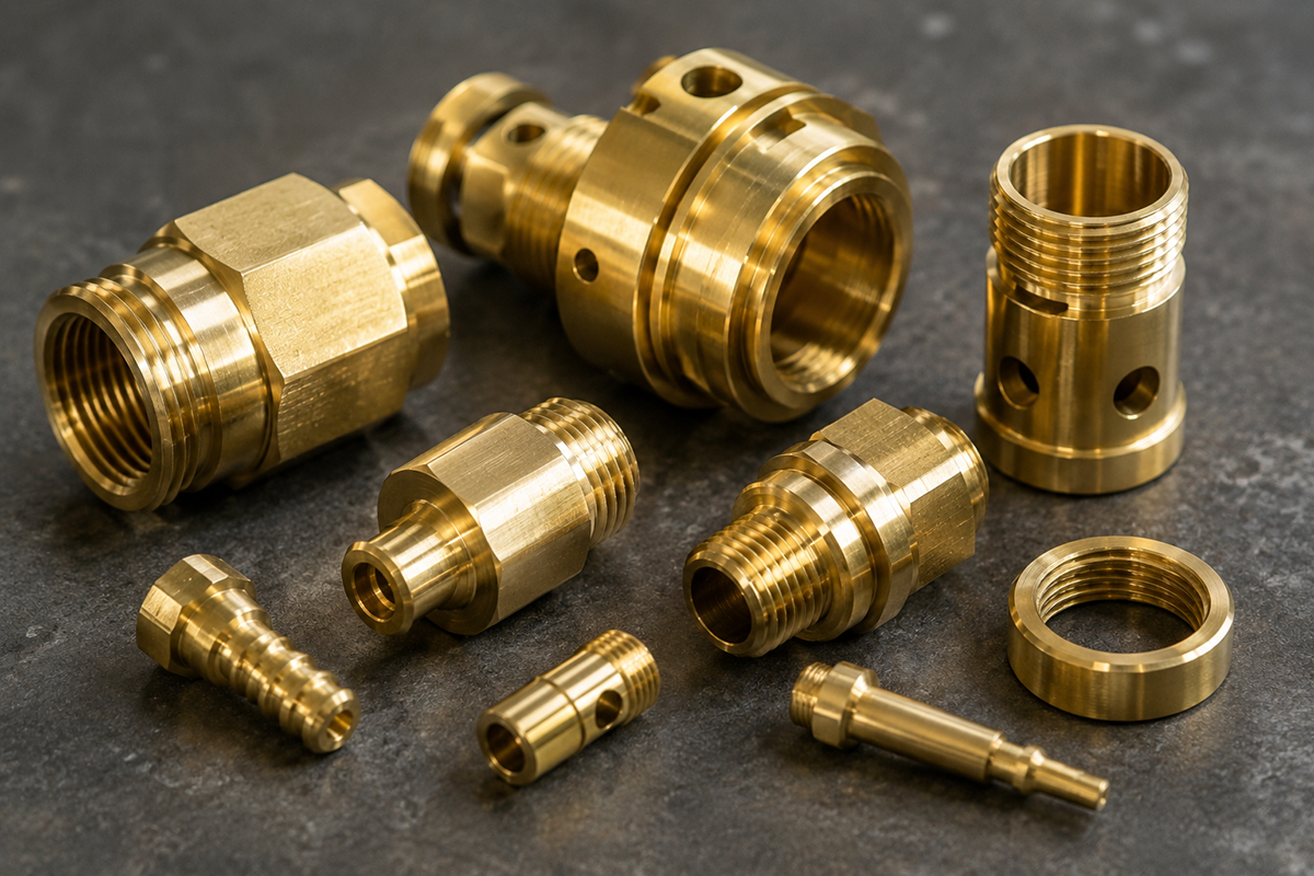 CNC machining brass part with golden chips
