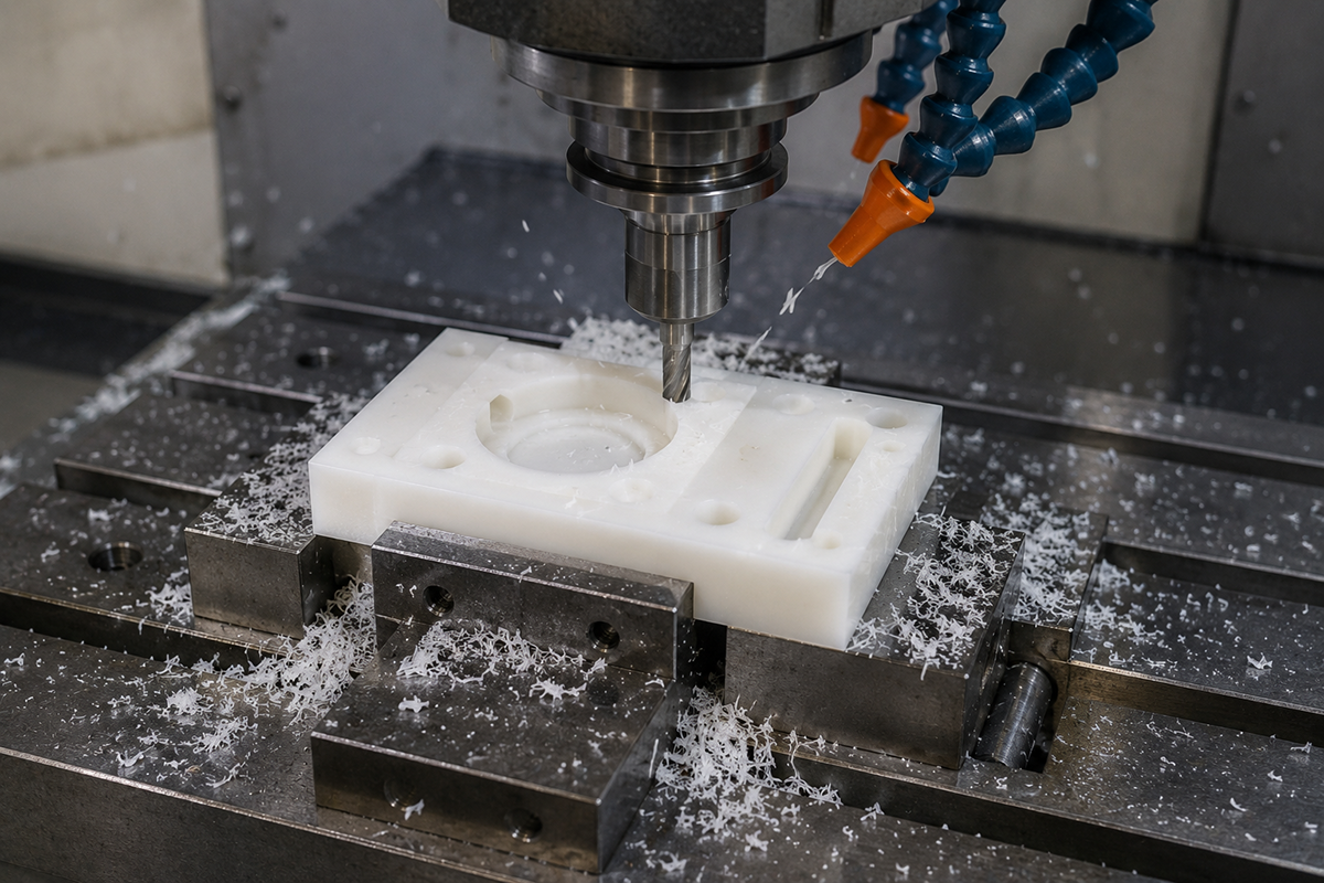 CNC machine cutting plastic component