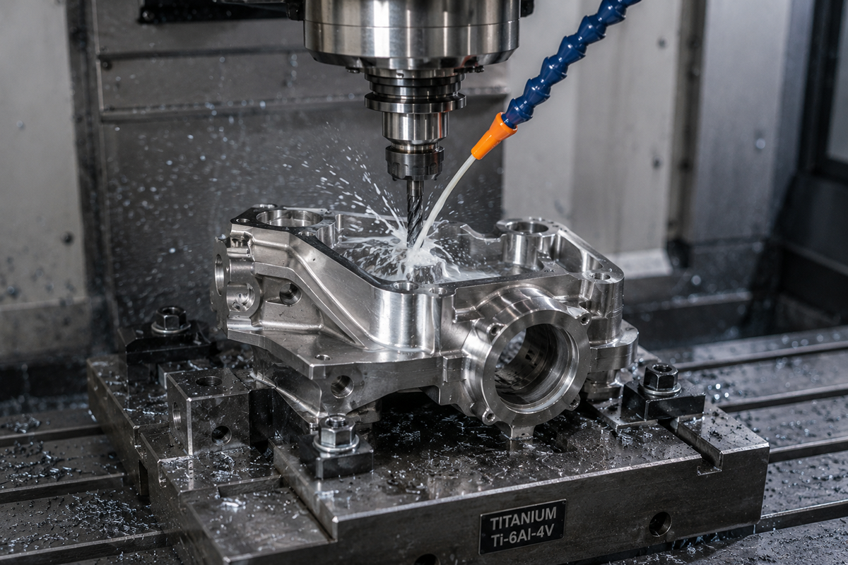 CNC machine cutting titanium part with coolant