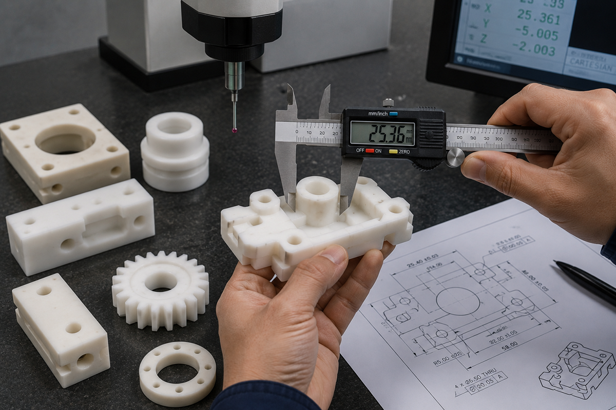 Engineer inspecting CNC machined plastic component