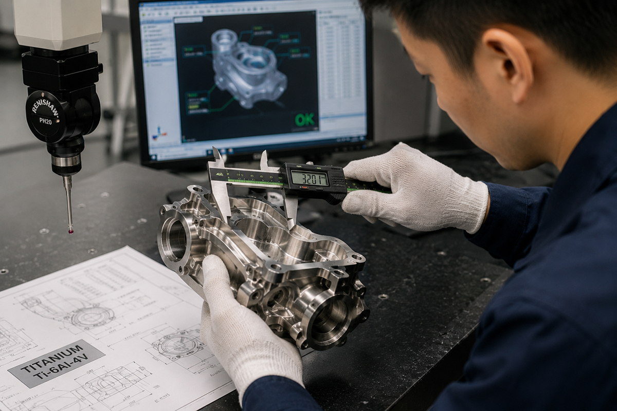Engineer inspecting titanium CNC machined part
