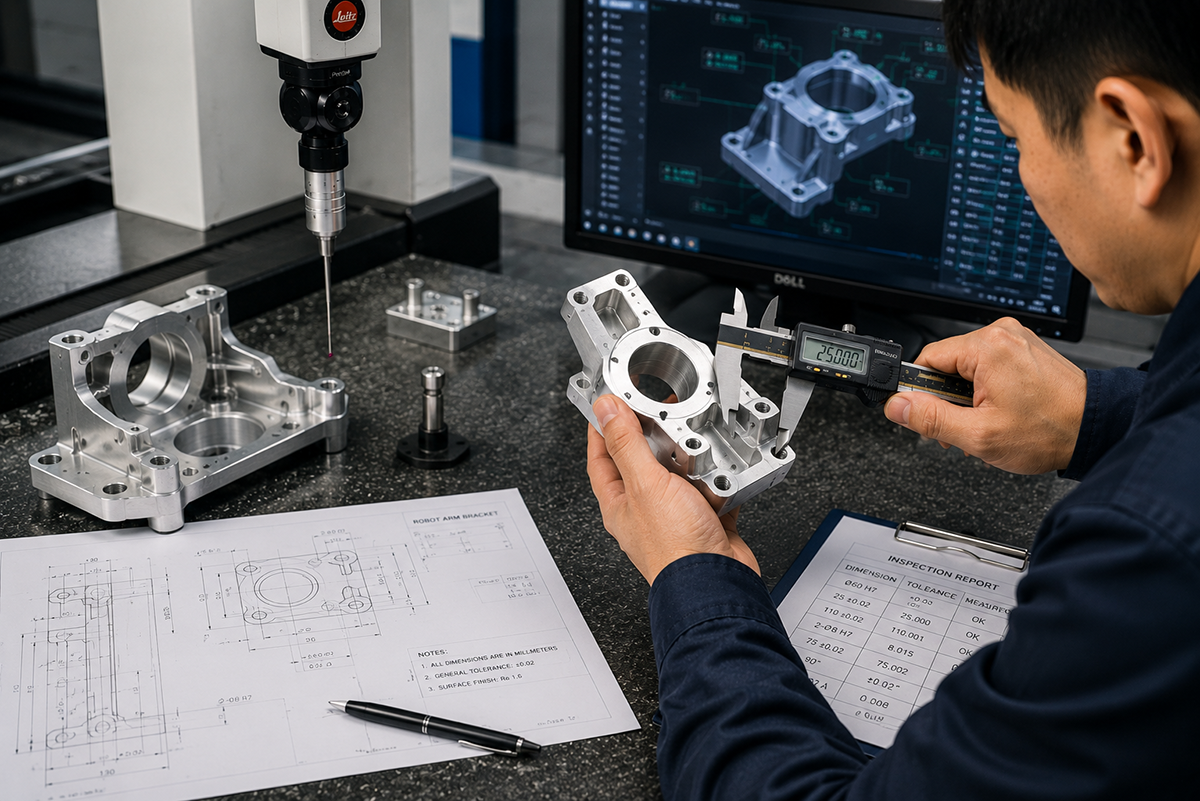 Engineer inspecting CNC machined robot part
