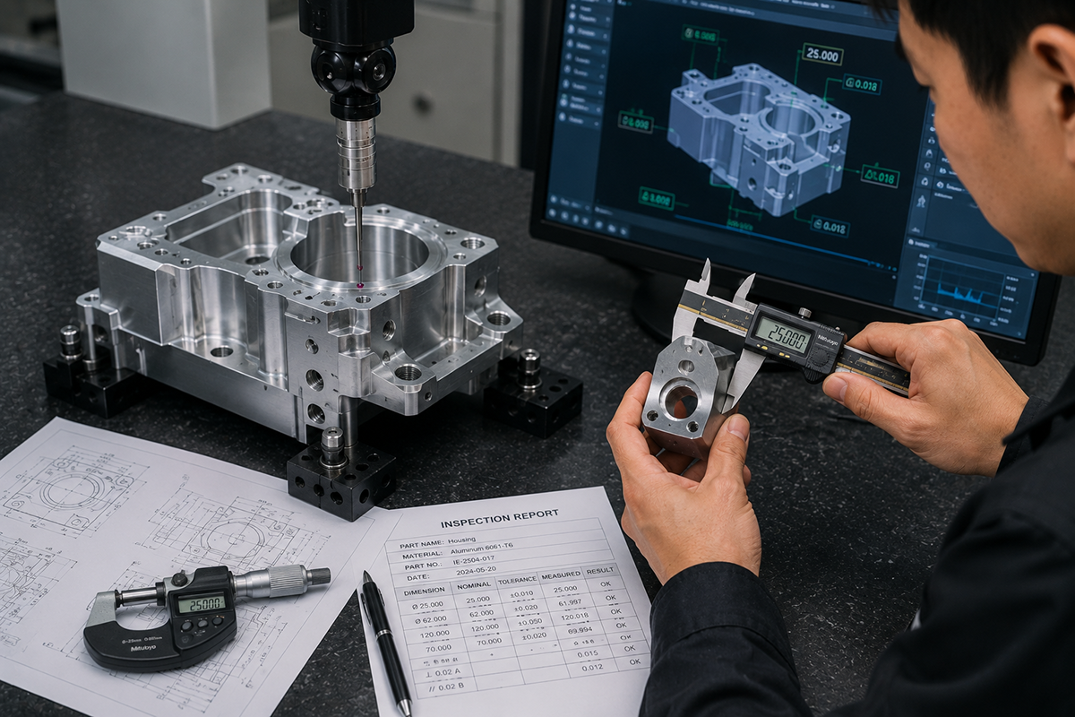 Engineer inspecting CNC machined industrial part