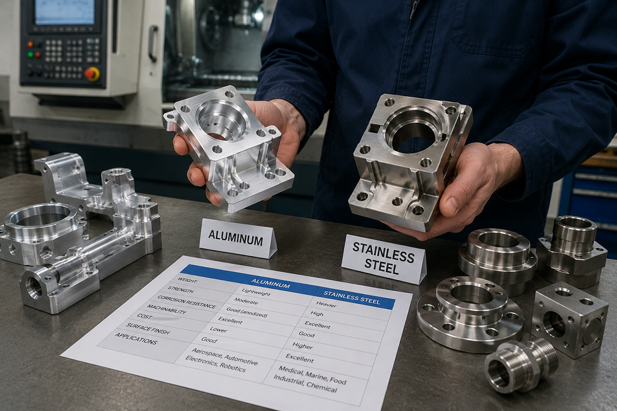 Engineer comparing aluminum and stainless steel machining options