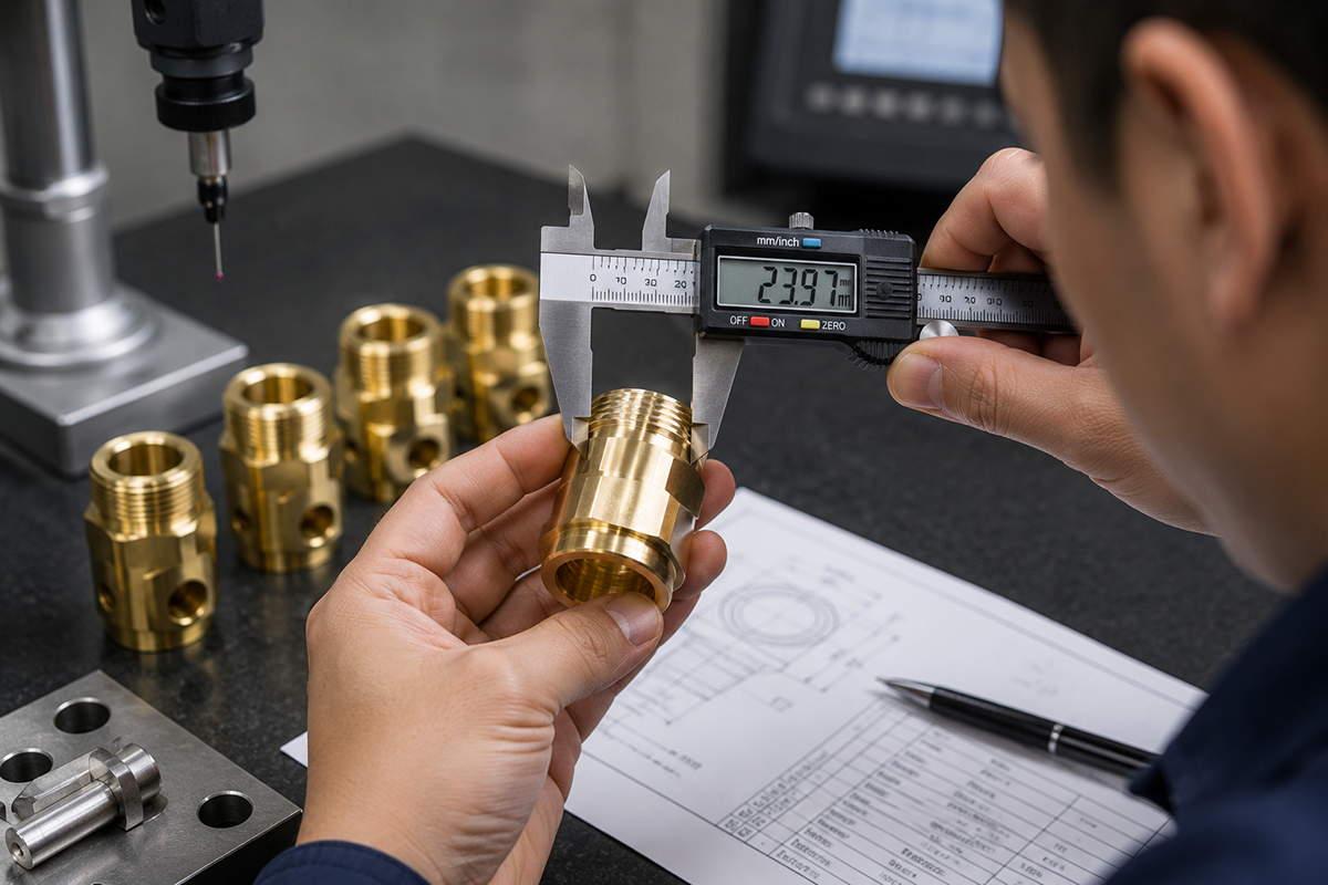 Engineer inspecting precision brass CNC machined part