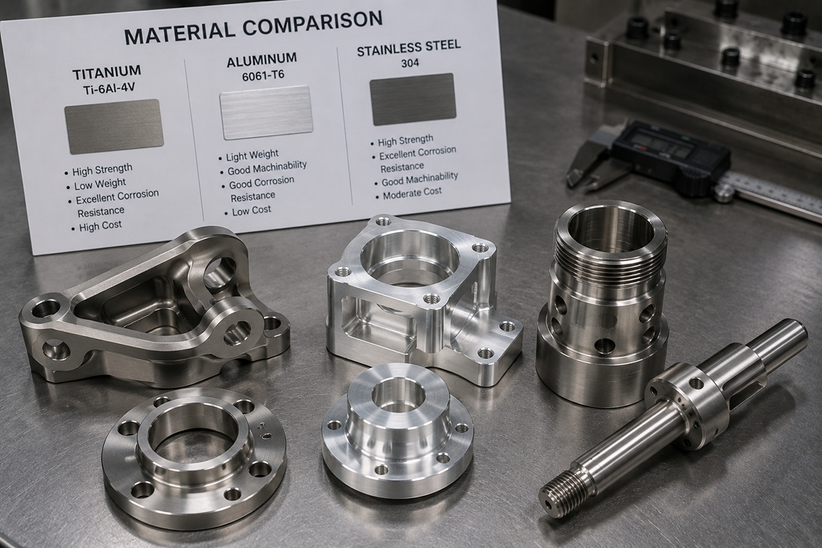 Titanium aluminum and stainless steel CNC parts comparison