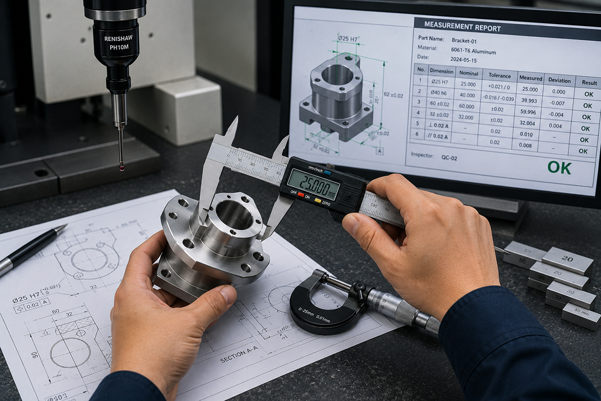 Engineer inspecting CNC machined part tolerance