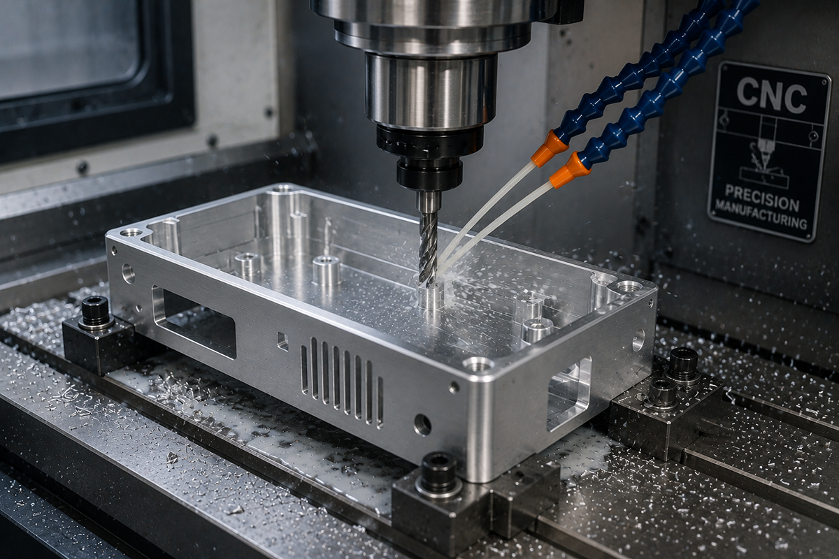 CNC machine cutting aluminum electronics enclosure
