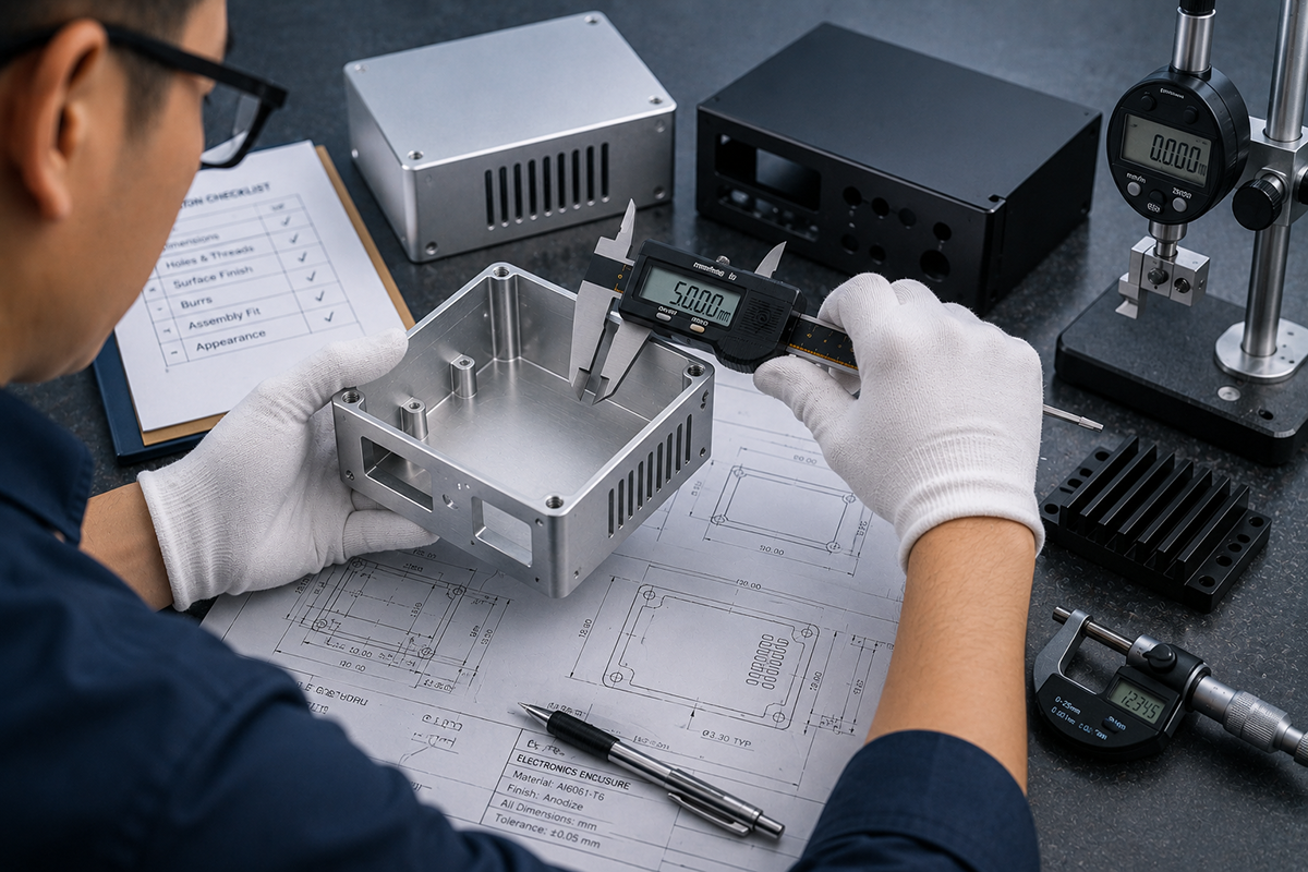 Engineer inspecting CNC machined electronics housing