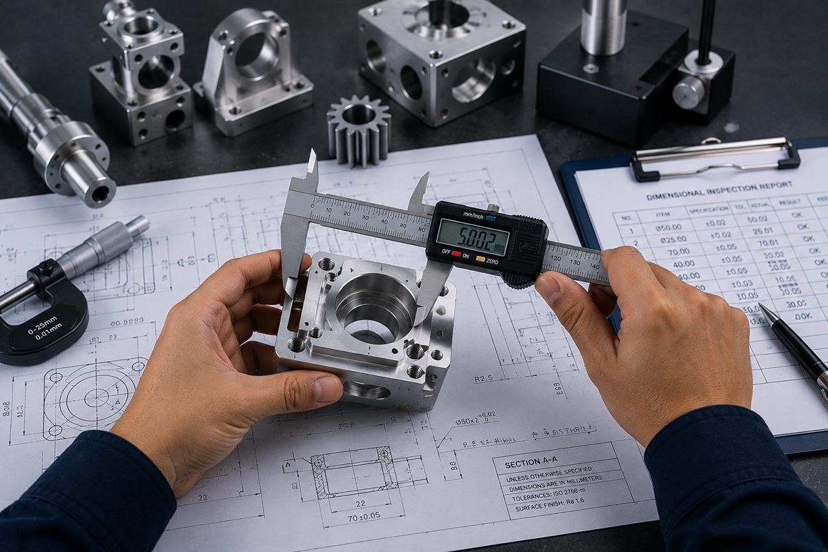 Engineer inspecting custom CNC machined machinery part