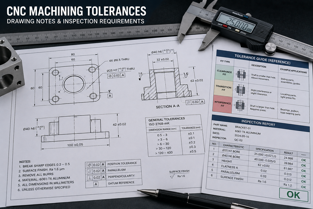 CNC part drawing with tolerance and inspection report