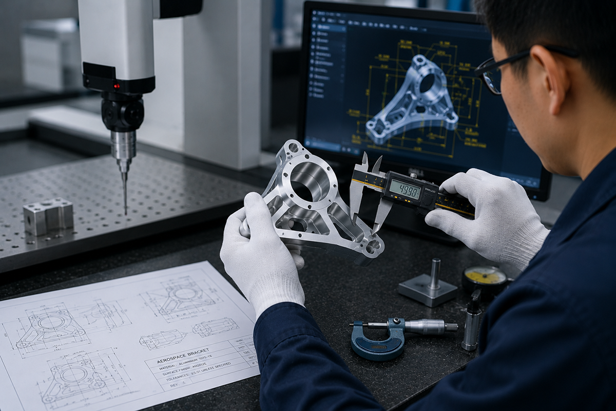 Engineer inspecting aerospace CNC machined part