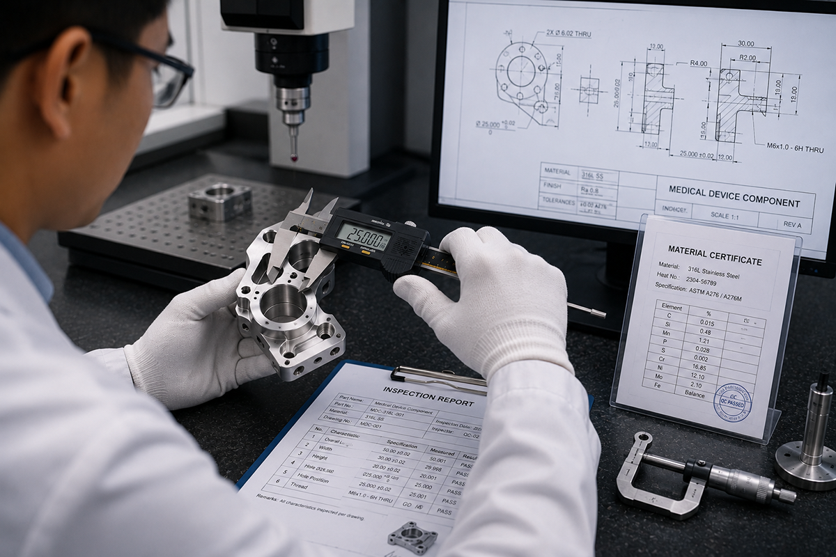 Engineer inspecting CNC machined medical component